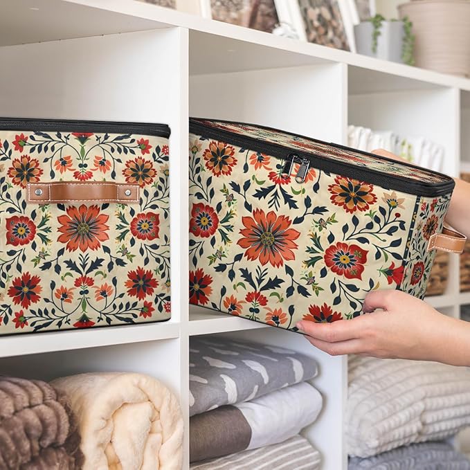 Boho Vintage Floral Pattern Storage Bins with Zipper Lid Fabric Storage Containers for Clothes Collapsible Closet Storage Basket with Metal Frame 1 Pack