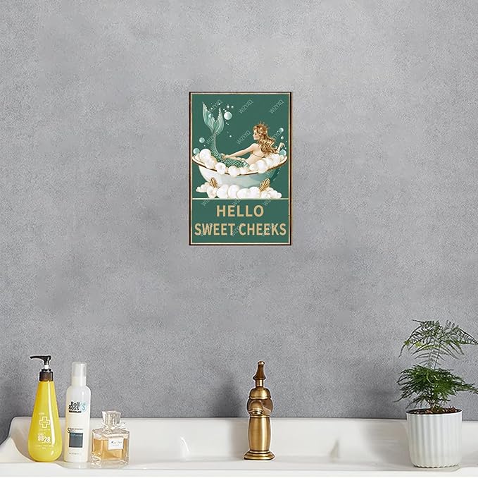 Metal Signs Hello Sweet Cheeks Mermaid Sign Vintage Aluminum Tin Sign for Home Office Kitchen Bar Cafe Garden Bathroom Wall Decor 12x8 Inch