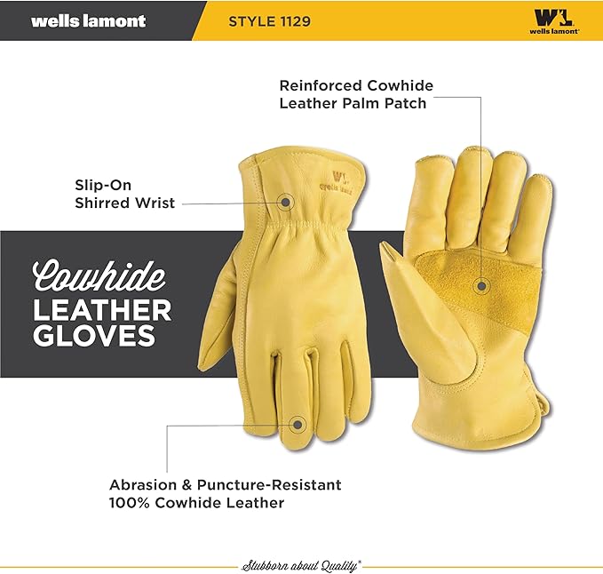 Wells Lamont Leather Work Gloves for Men – Grain Cowhide, Reinforced Palm – Ideal for Construction, Farming, Ranching – Ergonomic Fit, Keystone Thumb, Elasticized Wrist – Saddletan, XX-Large (1129XX)