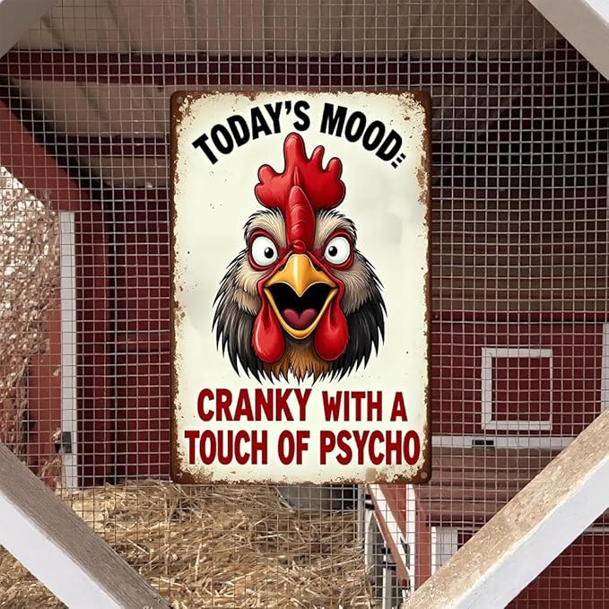 FunnySign Rooster Décor Today's Mood: Cranky With A Touch Of Psycho Rustic Tin Sign For Home Farm Chicken Coop Decor 8x12 Inch (9712)