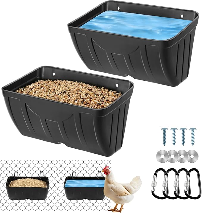 Chicken Feeder,Hanging Goat Feeders,Hanging Poultry Feeder for Sheep, Duck and Dog, Fence Feeder Trough Livestock Feeding Container, Chicken Coop Accessories, 2 Pack Black Chicken Feeder Waterer