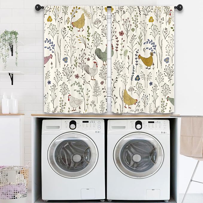 Rooster Chicken Leaves Kitchen Curtains 27.5W x 39L Inch Plant Botanical Rustic Farmhouse Cottagecore Rod Pocket Short Small Window Treatment Drapes Decor 2 Panels