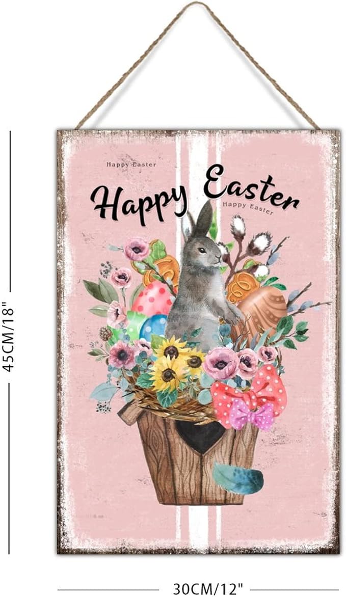 Wood Wall Decor Sign Happy Easter Flower Basket Bunny Sign French Style Floral Pink Stripes Wood Wall Art Signs Farmhouse Spring Decor Easter Wall Art Sign for Bedroom 12x18in