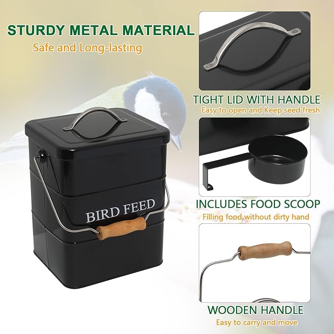 Bird Seed Storage Container Airtight,5~6LB Metal Bird Food Container with Scoop,Wild Birds Feed Tin for Storing Sunflower Seed-Ideal for Outdoor or Indoor-Squirrel proof -Black