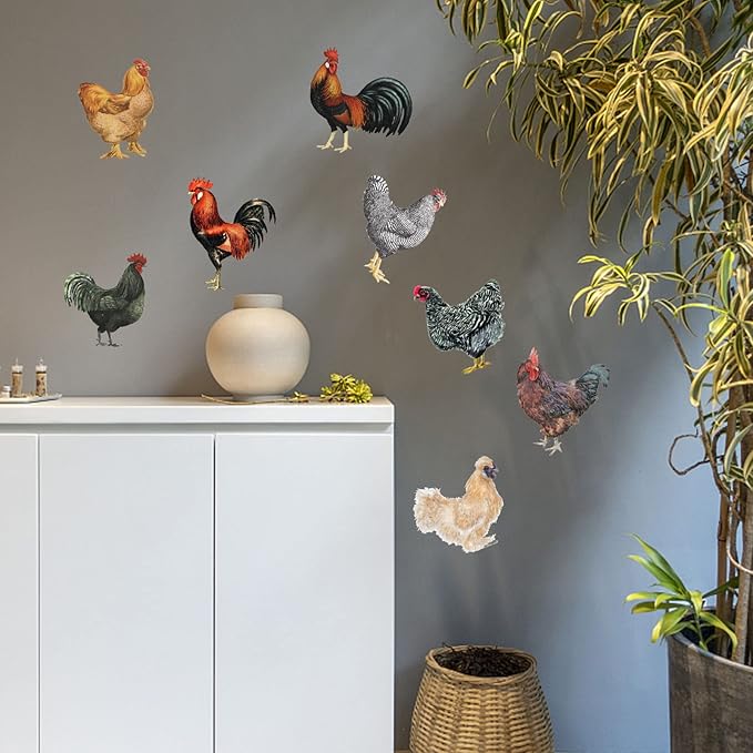 PLIGREAT 8 Pcs Roosters Hens Wall Stickers, Removable Vinyl Peel and Stick Wall Decals for Kitchen Pantry Playroom Nursery Farmhouse Wall Decoration Home Indoor DIY Window Fridge Door Wall Art Decor