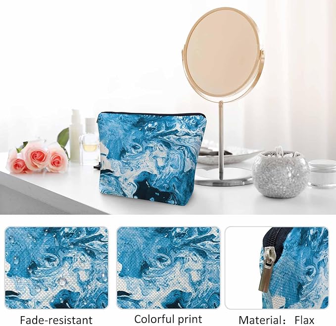Marble Pattern Makeup Organizer Bag Cosmetic Bag For Men Women, Abstract Ocean Sea Water Marble Blue Travel Toiletry Bag Flax Makeup Bags Purse Business Makeup Pouch For Toiletries Cosmetics