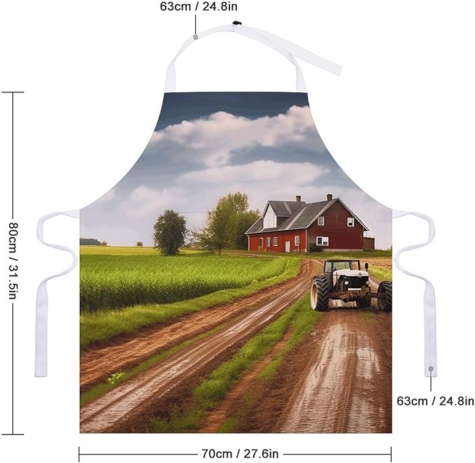 Country Road with Farm And Tractor Chef Apron for Men Women with 2 Pockets Water & Oil Resistant Bib Aprons Adjustable Neck Strap & Long Ties Work Apron for Cooking Grilling Serving Crafts Gardening