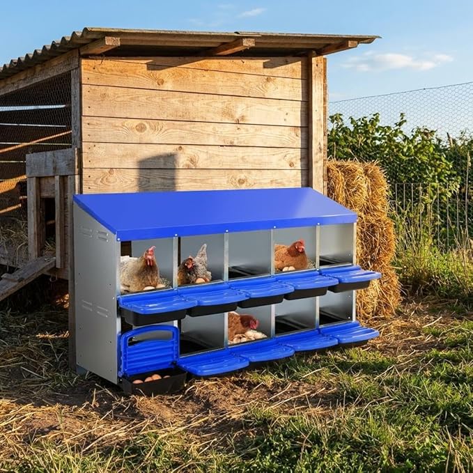 Chicken Nesting Box 10-Hole Roll Away Egg Laying Box with Lid, Galvanized Steel Rustproof Poultry Coop Box, Easy Clean, Wall Mountable No Bracket Needed for Hens, Blue