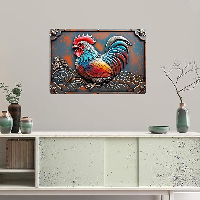 Chicken Retro Tin Sign Vintage Metal Post 2D Flat with 3D Visual Effect Wall Art Chicken Decor for Coops Farms Yard Home Bar Cafe Garage or Office - Thoughtful Chicken Gift Idea