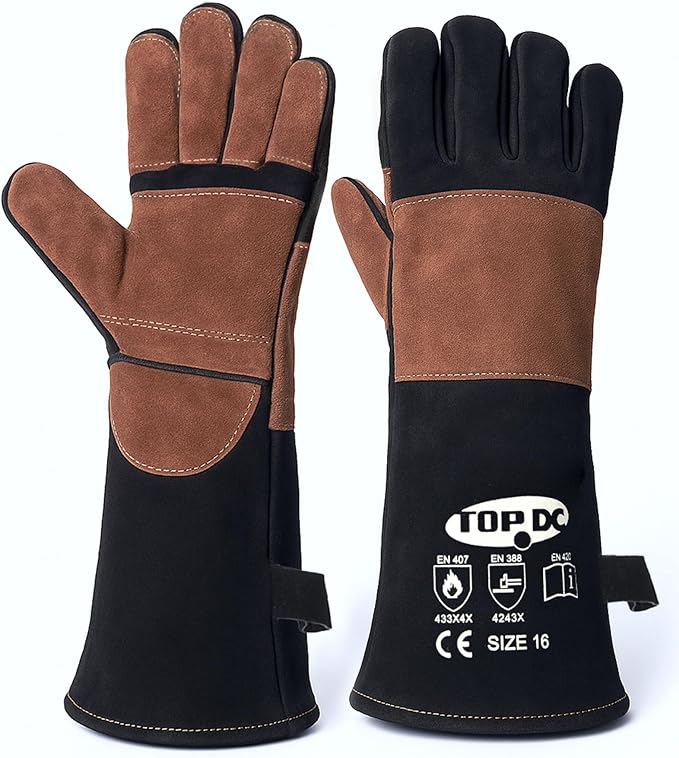 TOPDC Fire Resistant Reinforced Leather Fireproof Gloves with Kevlar Stitching for Mig, Tig, Stick, Forge, BBQ, Grill, Oven, Fireplace, Furnace, Animal Handling, X-LARGE