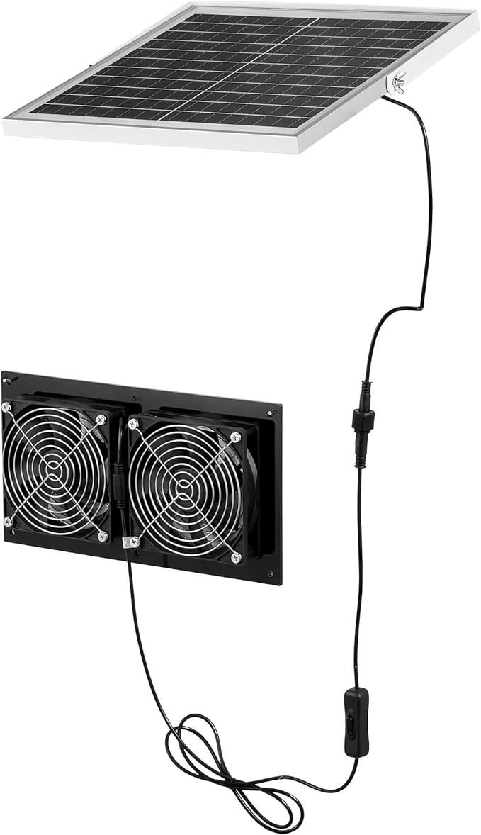 VEVOR Solar Powered Fan, 15W Solar Panel with 2 Fans, Adjustable Solar Panel Angle, 2668 RPM High-Speed, Flexible Installation, Fast Air Exchange for Greenhouse, Grow Tents, Chicken Coops, Shelters