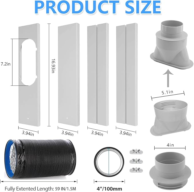 Dryer Vent Window Vent Kit with 4" Hose, Adjustable Window Vent Kit with 4 Inch 5FT Dryer Vent Hose and 4", 5'' Couplers For dryer, HVAC Ducts, Ducted Fans, Portable AC Or Dryers in Homes, Grow Tents
