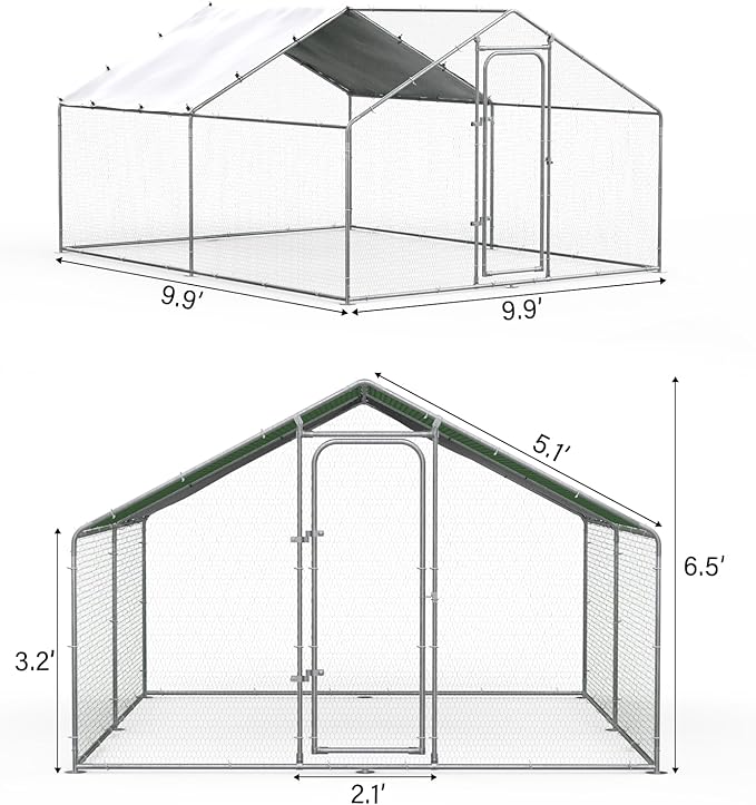 ORANLAND Large Metal Chicken Coop, Spire Chicken Runs for Yard with Cover, Walk in Chicken Coop with Security Lock and Waterproof Cover for Outdoor Farm Use