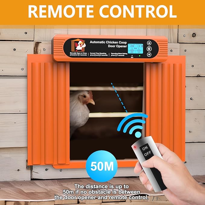 Automatic Chicken Coop Door Solar Powered, Extra Large Size, Anti-Pinch Design, Battery Powered Auto Chicken Door with Timer & Light Sensor, Solar Chiken Coop Door with Remote Control (50-100M)