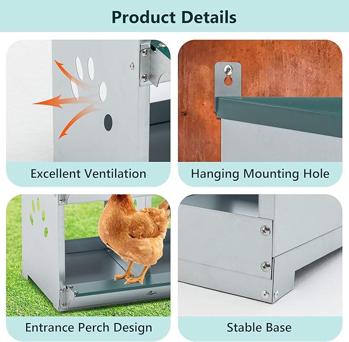 4 Compartment Chicken Nesting Boxes, Metal Nesting Boxes Wall Mount Chicken Egg Laying Box for Different Chicken Breeds (4 Holes)