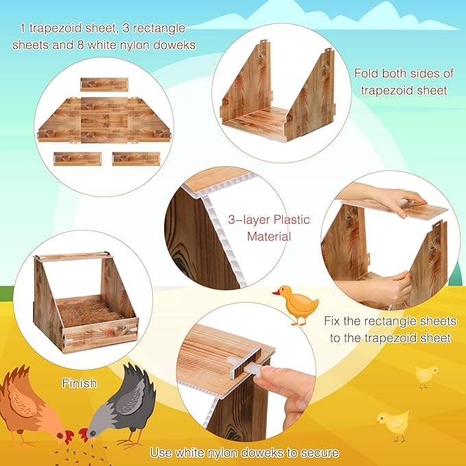 Chicken Nesting Box with 3 Pads for Laying Eggs Plastic Hen Nest Box Wooden Surface Chicken Coop Laying Boxes for Hen Duck Poultry