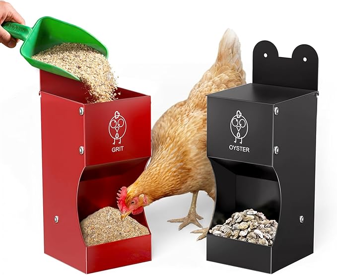 2Pack Chicken Grit Feeder, Metal Oyster Shell Feeder with Weatherproof Lid and Drain Holes, Hanging Gravity Chicken Grit Feeder, Coop Accessories for Hens and Chicks