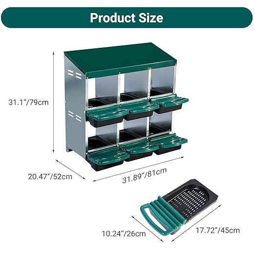 Garvee Chicken Nesting Boxes, 6 Hole Metal Chicken Laying Box with Removable Trays for Chicken Coop, Green