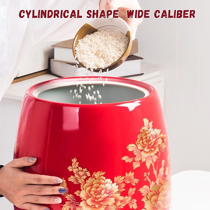Ceramic Rice Storage Container, Large Ceramic Jar for Rice, Ceramic Rice Bucket with Lid Dispenser, Airtight Grain Storage Bin, Porcelain Kitchen Storage Box, Sealed Storage for Flour, Tea, Nuts(Red B