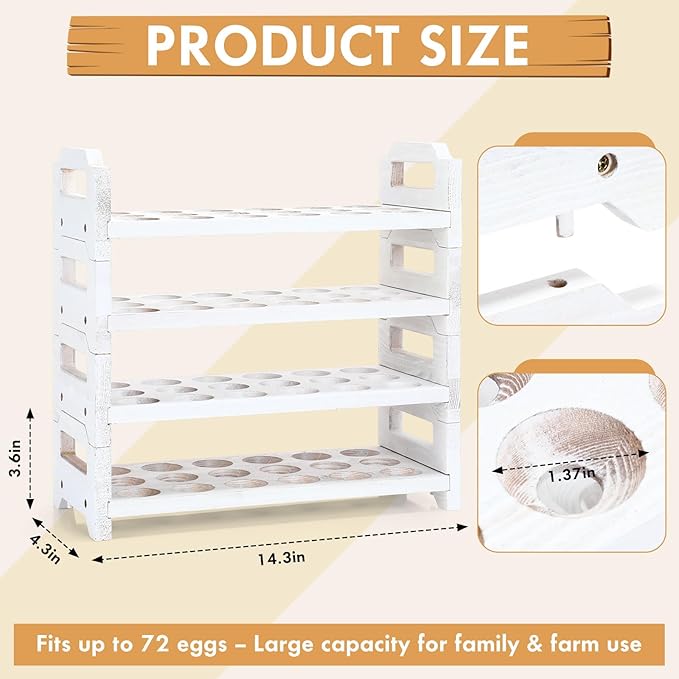 4 Tier Wooden Egg Holder for Countertop, Stackable Fresh Egg Storage Farmhouse Collecting Rack for Gathering Kitchen Organizer Duck Eggs Display, Stackable with 72 Eggs (White,Pine)