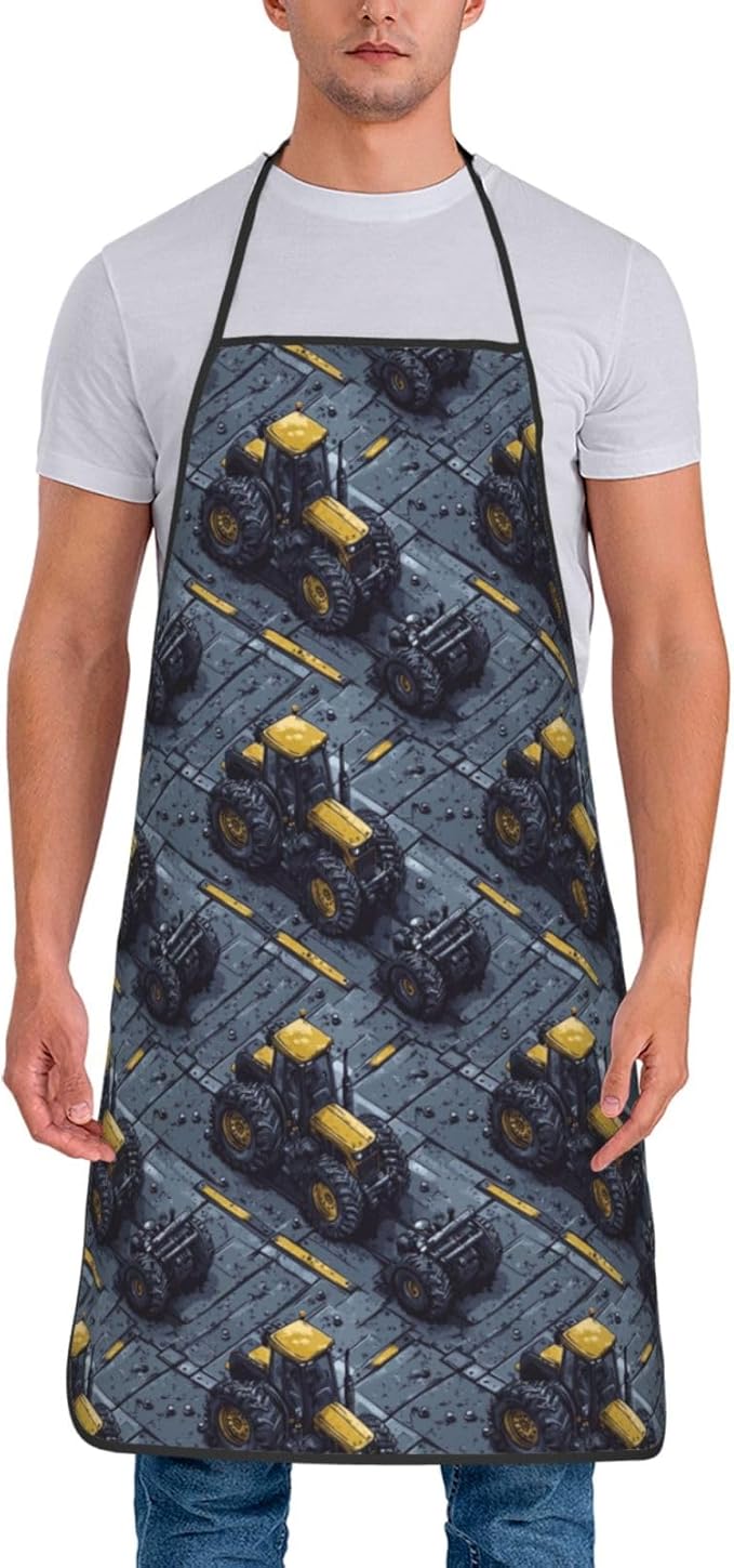 Chef Aprons for Men and Women - Classic Yellow Tractor Print Oil-Resistant Bib Aprons for Cooking or Kitchen BBQ Grilling