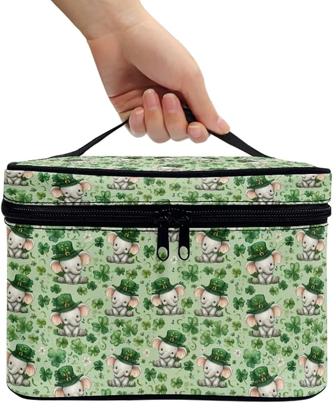 Travel Makeup Bags for Women Portable Tote Cosmetic Case with Carry Handle Toiletry Accessories Storage Organizer Bags for St. Ptrick's Day, Cute Elephant Shamrock