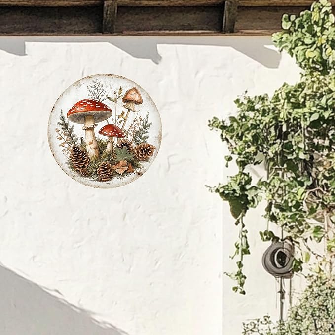 Funny Mushroom Rustic Round Garden Metal Signs Vintage Tin Sign Retro Wall Wreath Decor for Home Garden Yard Bar Cafe Farmhouse Garage Indoor Outdoor 8 Inch