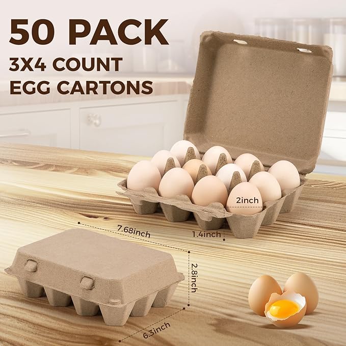CINPIUK 50 Pack Egg Cartons, 3x4 Style Paper Pulp Egg Trays, Sturdy & Reusable Egg Holder 12 Count Dozen Chicken Egg Storage Tray for Farmers, Home Use & Transport