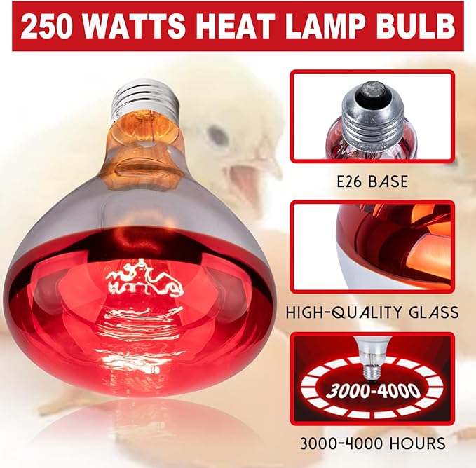 4 Pack 250 Watt Heat Lamp Bulbs for Chicks, R40 Brooder Heat Lamp for Chickens, Infrared Reflector Heat Bulbs for Brooder Heater, Incandescent Spotlight for Pet, Bathroom, Food