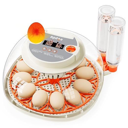 Egg Incubator with Temperature and Humidity Control, Automatic Egg Turning, Egg Candler, External Water Bottle, Adjustable Air Vent, 360° Clear View, for Chicken, Duck & Quail Eggs, APDOE HatchPro 12