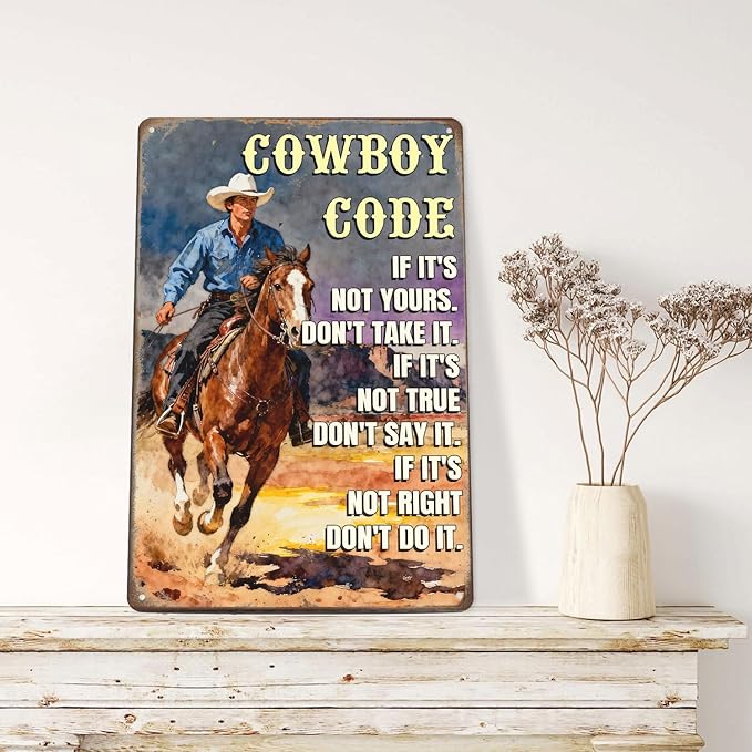 Western Cowboy Code Tin Sign ‘If It’S Not Yours Don’T Take It, If It True Don’T Say It’ Rustic Vintage Wall Art Home Porch Ranch,Garage,Man Cave Decor 8x12 Inches
