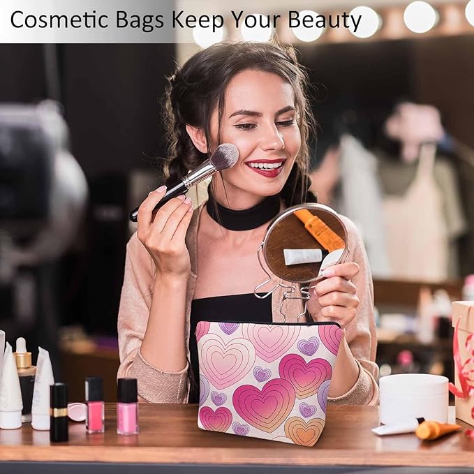 Hearts Cosmetic Travel Bag For Toiletries, Hippie Love Heart Pink Makeup Bag Toiletry Bags For Women, Flax Cosmetic Bags Make Up Bag Purse Toiletries Bag Birthday Gift
