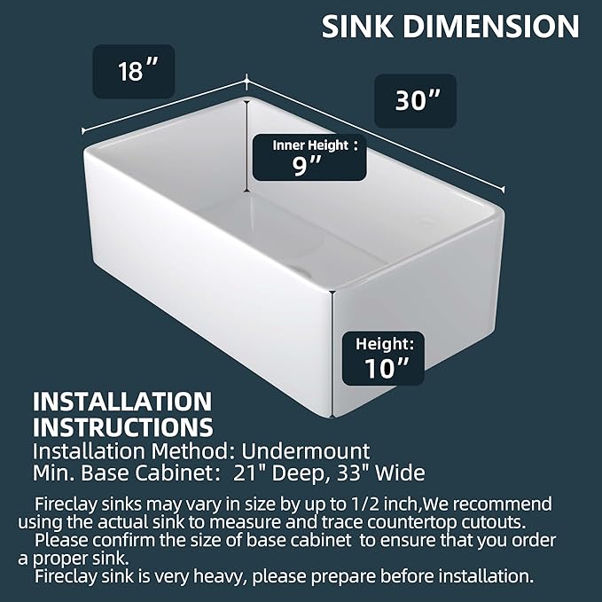 Miuara Farmhouse Sink 30 Inch - White Apron Front Undermount Kitchen Sink Reversible 30"x18"x10", Farm House Style Single Bowl, Heavy Duty Solid Fireclay, Glossy White, for Kitchen & Laundry