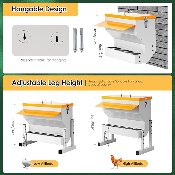 Automatic Chicken Feeder 20LB no Waste Metal Duck Feeder with 5 Chicken Feeders Trough Port Wall Mount Large Hanging Poultry Feeder Dispenser with Lid Legs for Outside Chickens Coop Quail Galvanized