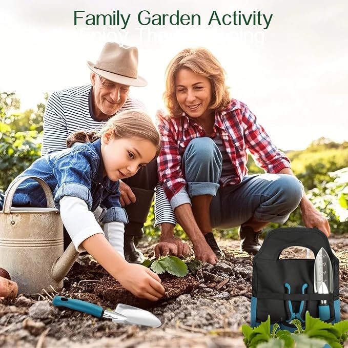Housolution Gardening Tools Set, 8PCS Heavy Duty Garden Tools with Non-Slip Rubber Grip with Large Garden Bag for Aluminum Alloy Hand Tools for Gardening,Gardening Gifts for Women and Men, Blue+Black