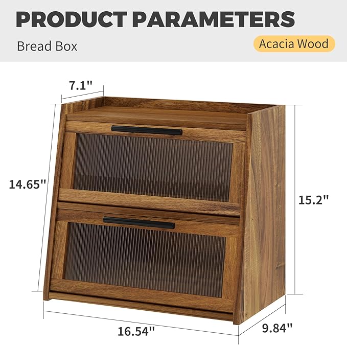 Bread Box for Kitchen Counter, Wooden Double Layer Bread Storage Container Bin,Bread Holde,Countertop Bread Storage with Window