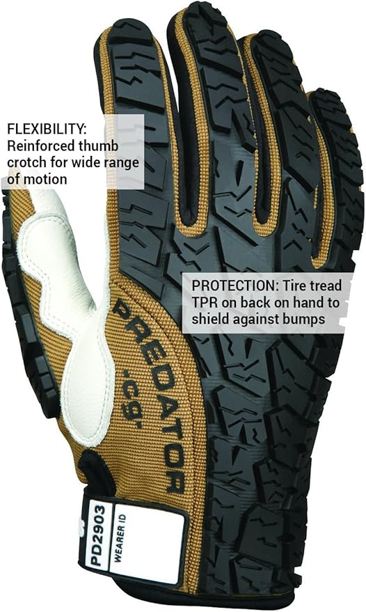 MCR Safety PD2903L Predator Multitask Grain Cow Leather Palm, Breathable, Padded Gloves, Tire Tread Backing, White, Large, 1 Pair