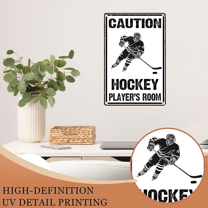 Hockey Metal Tin Sign Caution Hockey Player's Room Vintage Sign for Man Cave Decor Sports Wall Decor Hockey Party Decorations Hockey Fans Sign Front Door Sign 8X12Inch