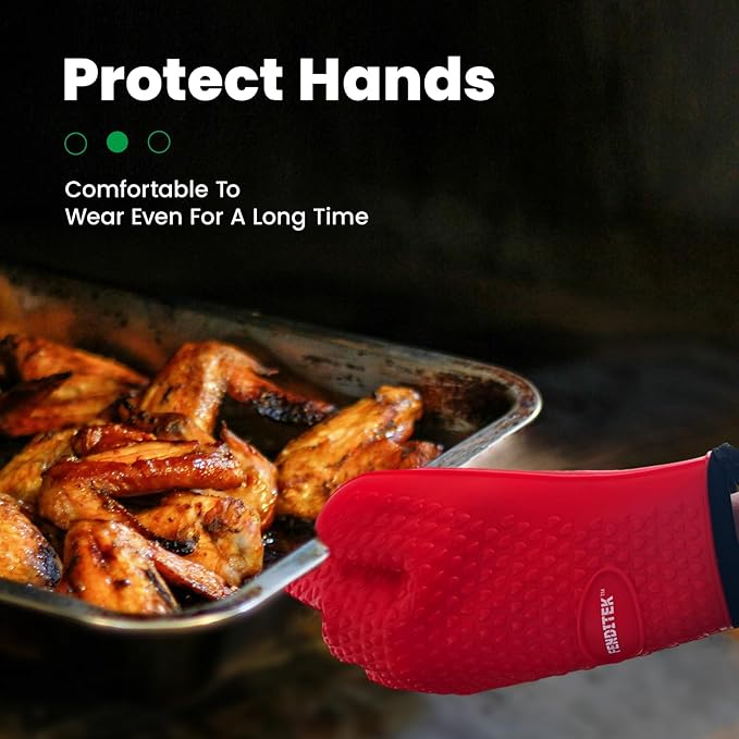 Silicone BBQ Cooking Gloves with Meat Smoker Guide，Heat Resistant Oven Mitts with Fingers，Long Protective Cotton Lined Barbecue Grilling Gloves 1 Pair for Kitchen, Cooking, and Baking Gifts (Red)