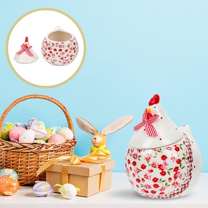 Alipis Chicken Cookie Jar - Red Floral Ceramic Hen Storage Tank - Decorative Farmhouse Candy Canister for Easter, Kitchen Countertop and Spring Decor