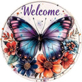 Welcome Butterfly Round Metal Tin Sign Wreath Spring Vintage Wall Decor for Front Door Home Porch Entryway 8x8inch