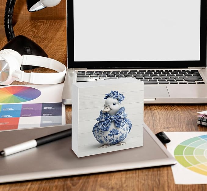 Blue And White Chinoiserie Grand Millenial Duck Decor Signs,Bow Blue Duck Floral Home Signs,Chinoiserie Porcelain Desk Decorations,Farmhouse Animal Office Kitchen Bathroom Decor