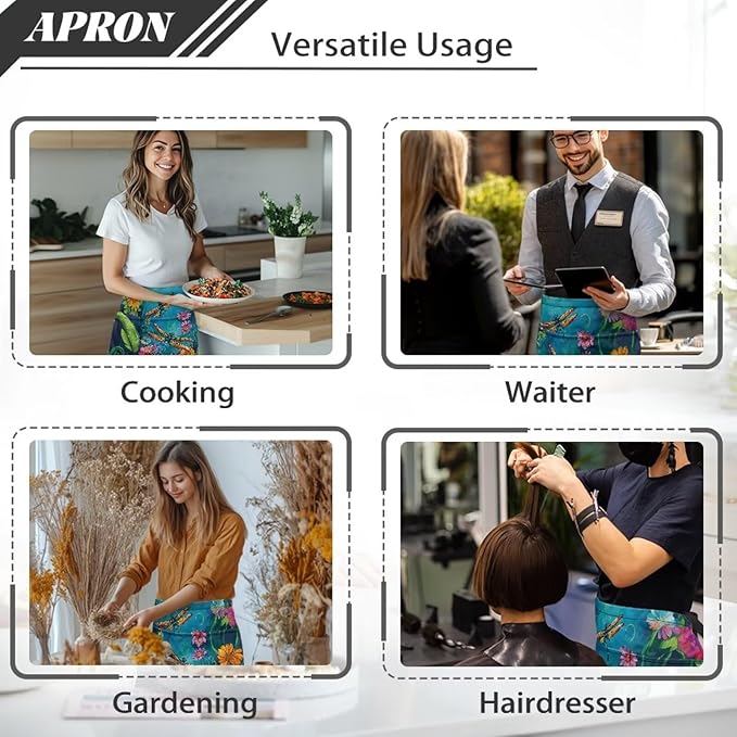 Waist Apron with 3 Pockets Waterproof 13 Inch Short Half Waist Aprons Women Men Server Aprons Waitress Waiter Apron