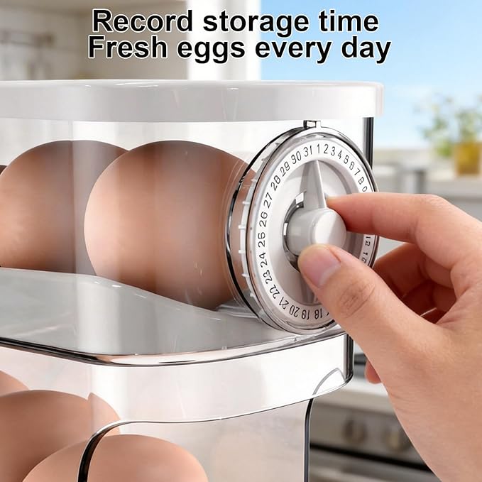 Auto Rolling Egg Holder for Fridge, Egg Dispenser/Organizer/Storage/Container with Lid & Date Timer for Refrigerator, Sturdy and Durable Space-Saving Egg Tray for 12 Large Eggs