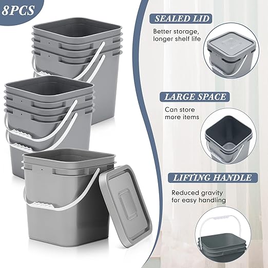 Mumufy 8 Pcs 3.5 Gallon Square Food Grade Bucket with Lid Square Bucket Pail Plastic Handles for Long Term Food Storage, Camping, Fishing, Home Organization Easy Stack and Store (Gray)