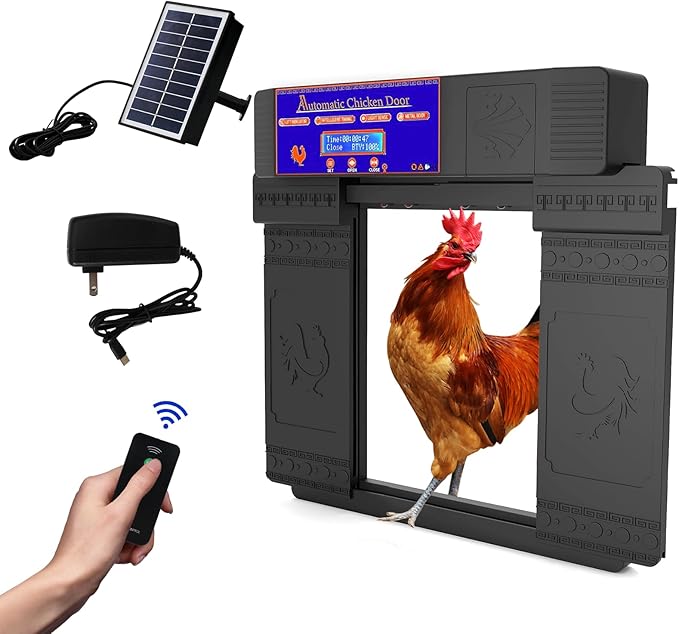 Solar Automatic Chicken Coop Door - Infrared Anti-Pinch Light Sensor & Remote Control Poultry Door for Chicken, Duck & Goose (Black)