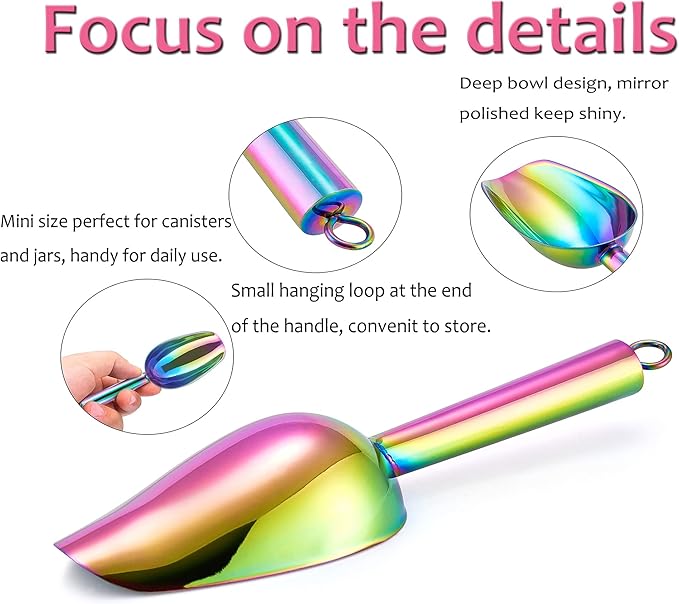 Mini Ice Scoop Set of 2, E-far 3 Ounce Rainbow Stainless Steel Scoops for Candy/Flour/Sugar, Small Metal Scoops for Party/Canisters Jars/Kitchen Bar/Ice Maker, Rust Proof & Dishwasher Safe