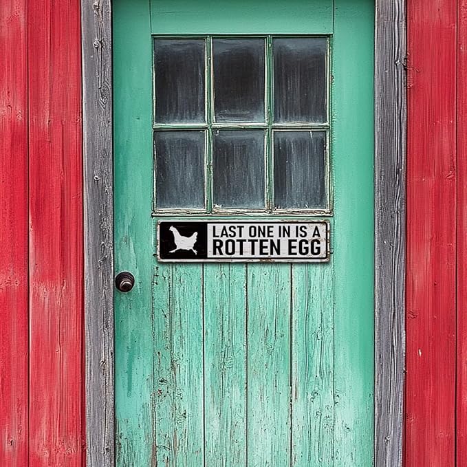 Rustic Farmhouse Style Chicken Coop Sign, Metal Outdoor Chicken House Signs, Last one in is a Rotten Egg, Retro Metal Tin Sign, Farmhouse Decor, Backyard Hen House Gift 15.8x4 Inch