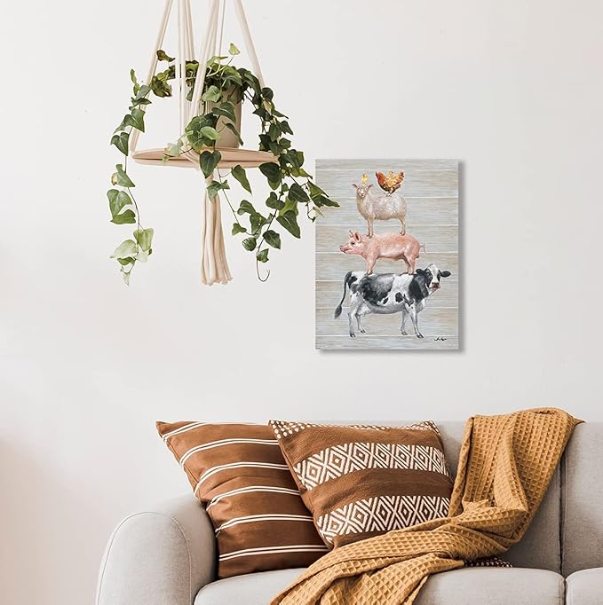 Yidepot Farmhouse Wall Decor Canvas Print: Farm Animals Cow Pig Sheep and Rooster Sit on Top of Each Other Inspirational Posters for Kitchen Framed Ready to Hang (12"x15"x1 Panel)