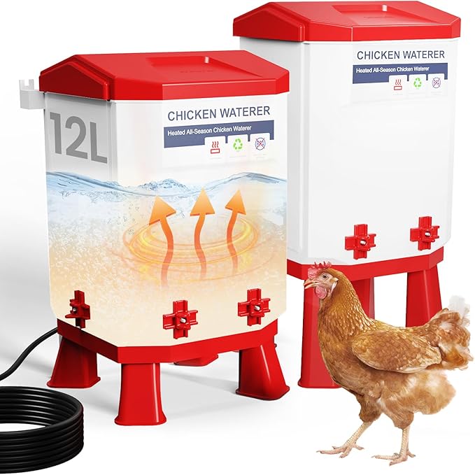 3.2 Gallon Heated Chicken Waterer with 4 Nipple Drinkers - Adjustable Height, BPA-Free, Freeze-Proof, 110V Electric, Suitable for Chickens, Ducks, Geese & Quails,12L (2)